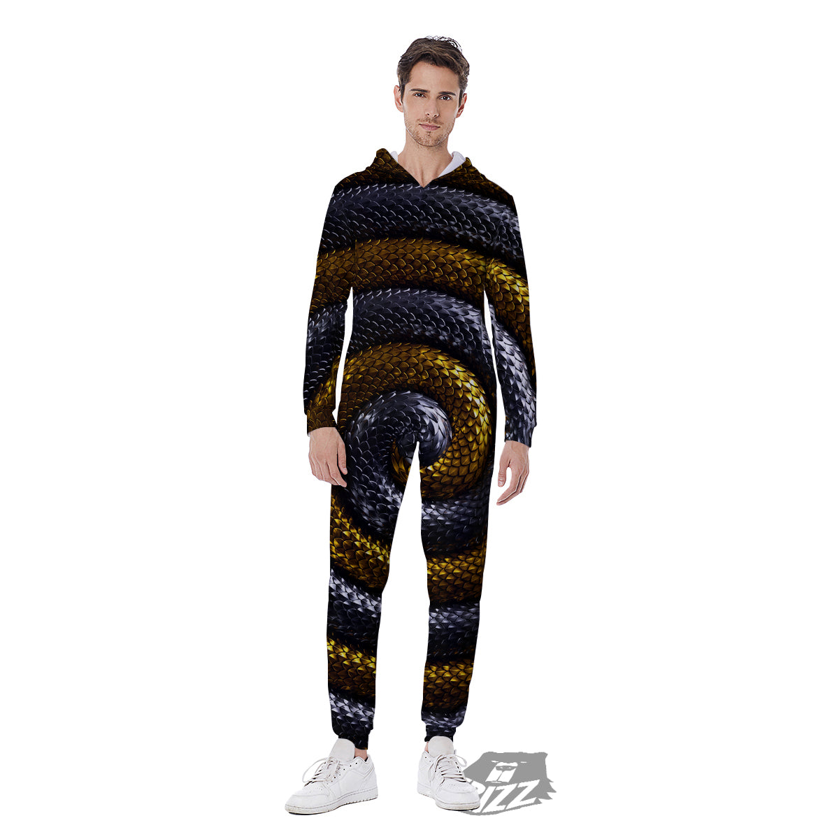 Black And Gold Twisted Snakes Print Men's Jumpsuit-grizzshop