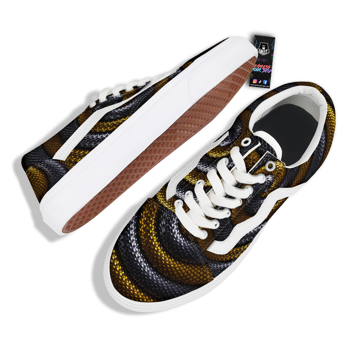 Black And Gold Twisted Snakes Print Skate Shoes-grizzshop
