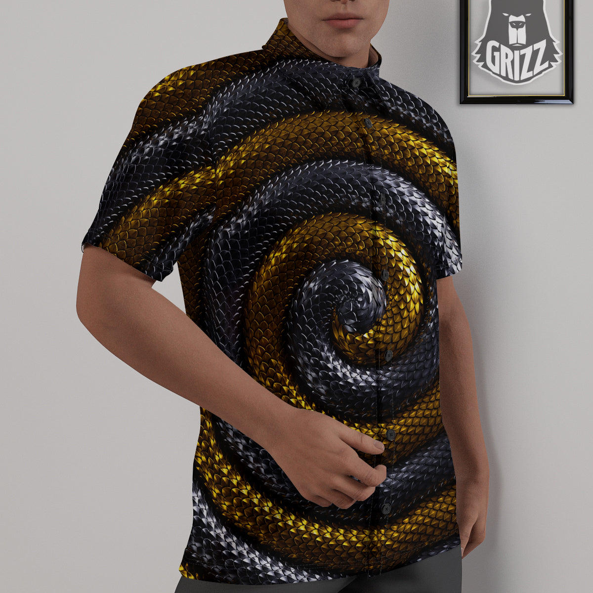 Black And Gold Twisted Snakes Print Untucked Shirts-grizzshop
