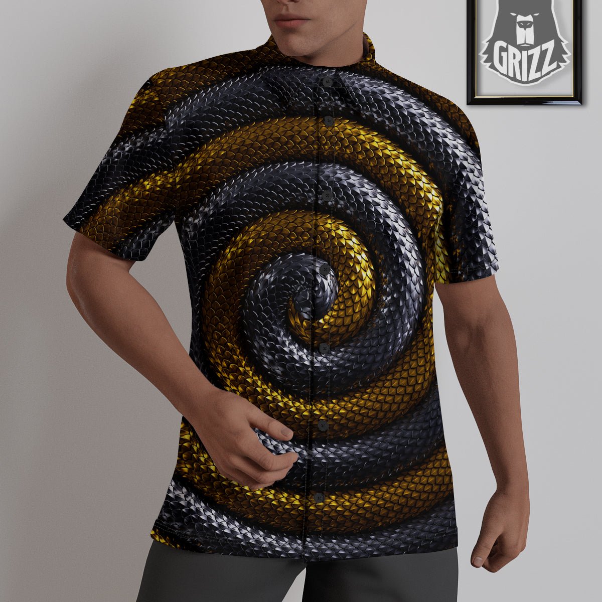 Black And Gold Twisted Snakes Print Untucked Shirts-grizzshop
