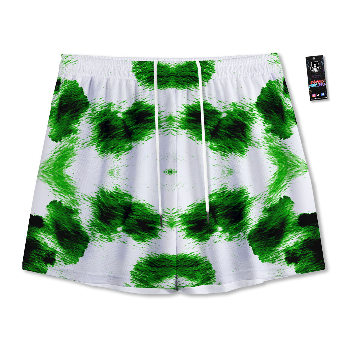 Black And Green Acid Wash Tie Dye Print Mesh Shorts