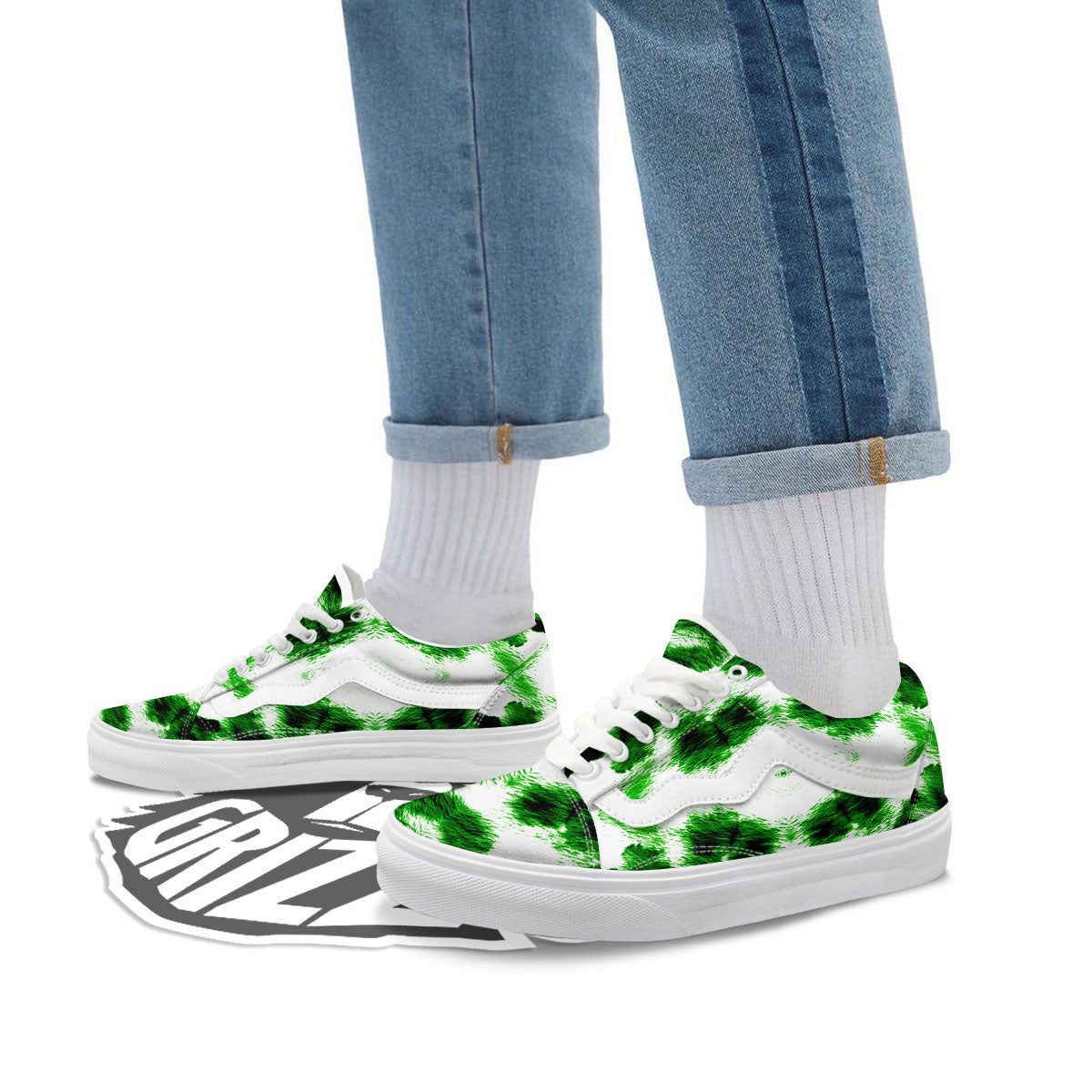 Black And Green Acid Wash Tie Dye Print Skate Shoes-grizzshop