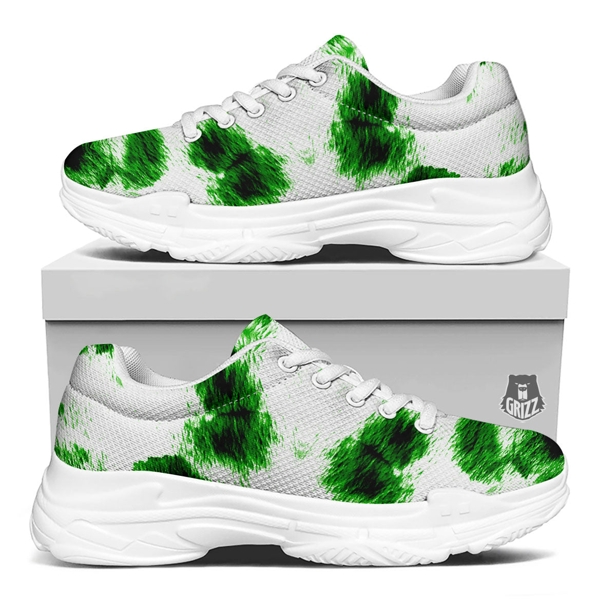 Black And Green Acid Wash Tie Dye Print White Chunky Shoes-grizzshop