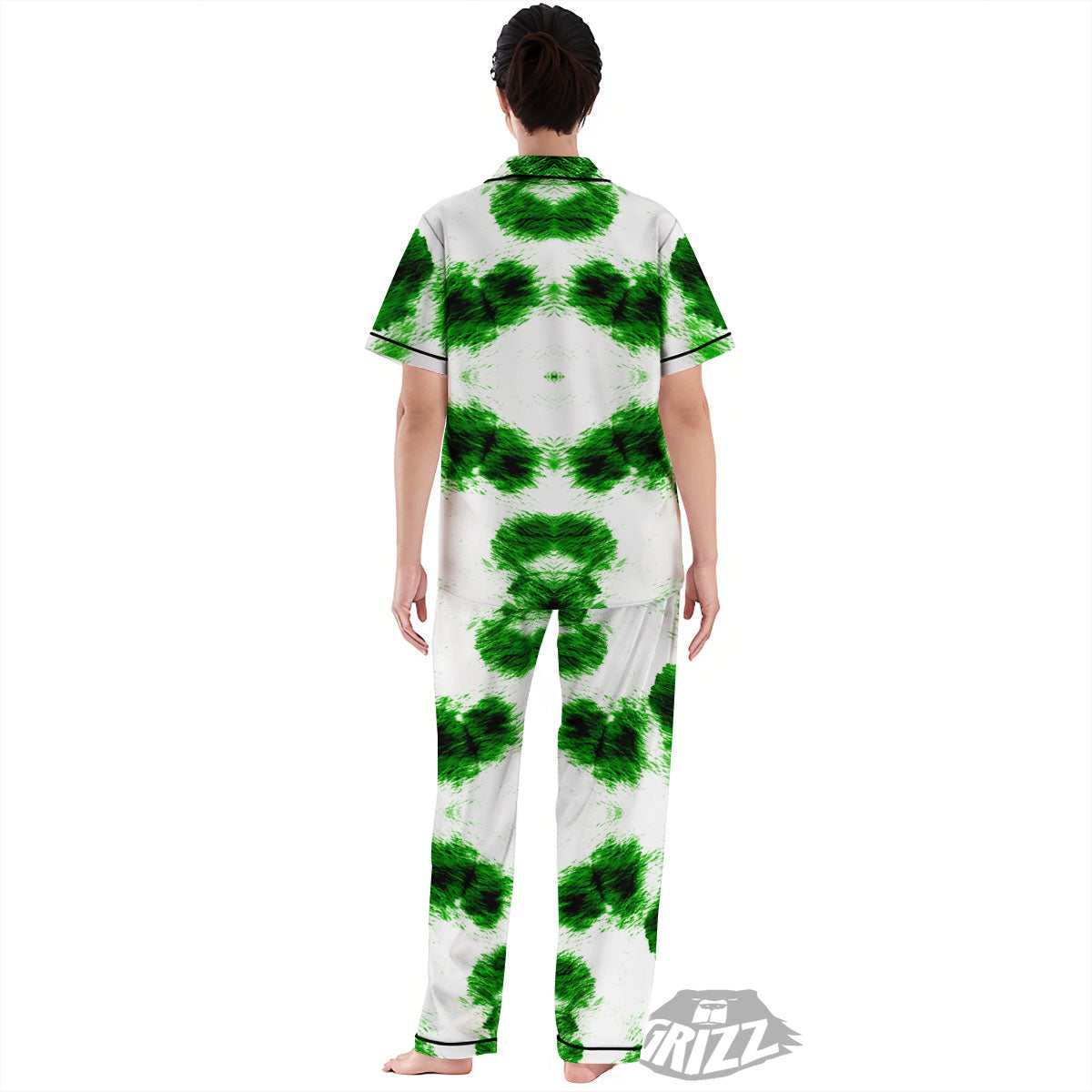 Black And Green Acid Wash Tie Dye Print Women's Pajamas Set-grizzshop