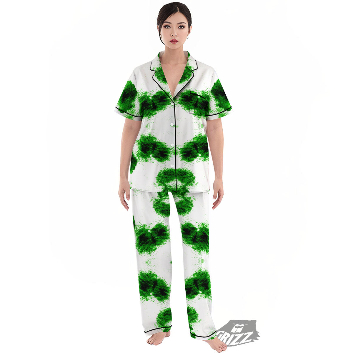 Black And Green Acid Wash Tie Dye Print Women's Pajamas Set-grizzshop