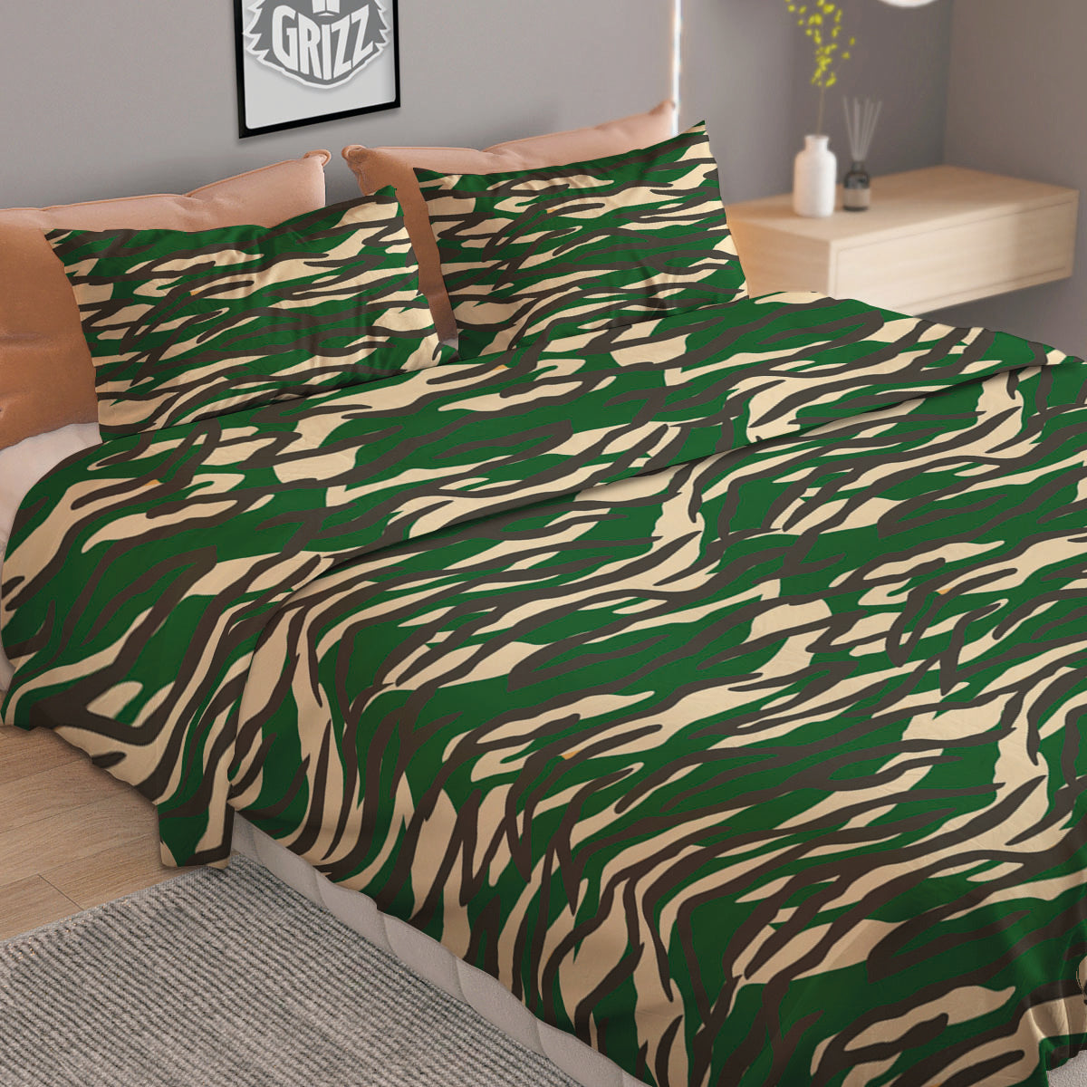 Black And Green Tiger Stripe Camo Print Duvet Cover Bedding Set