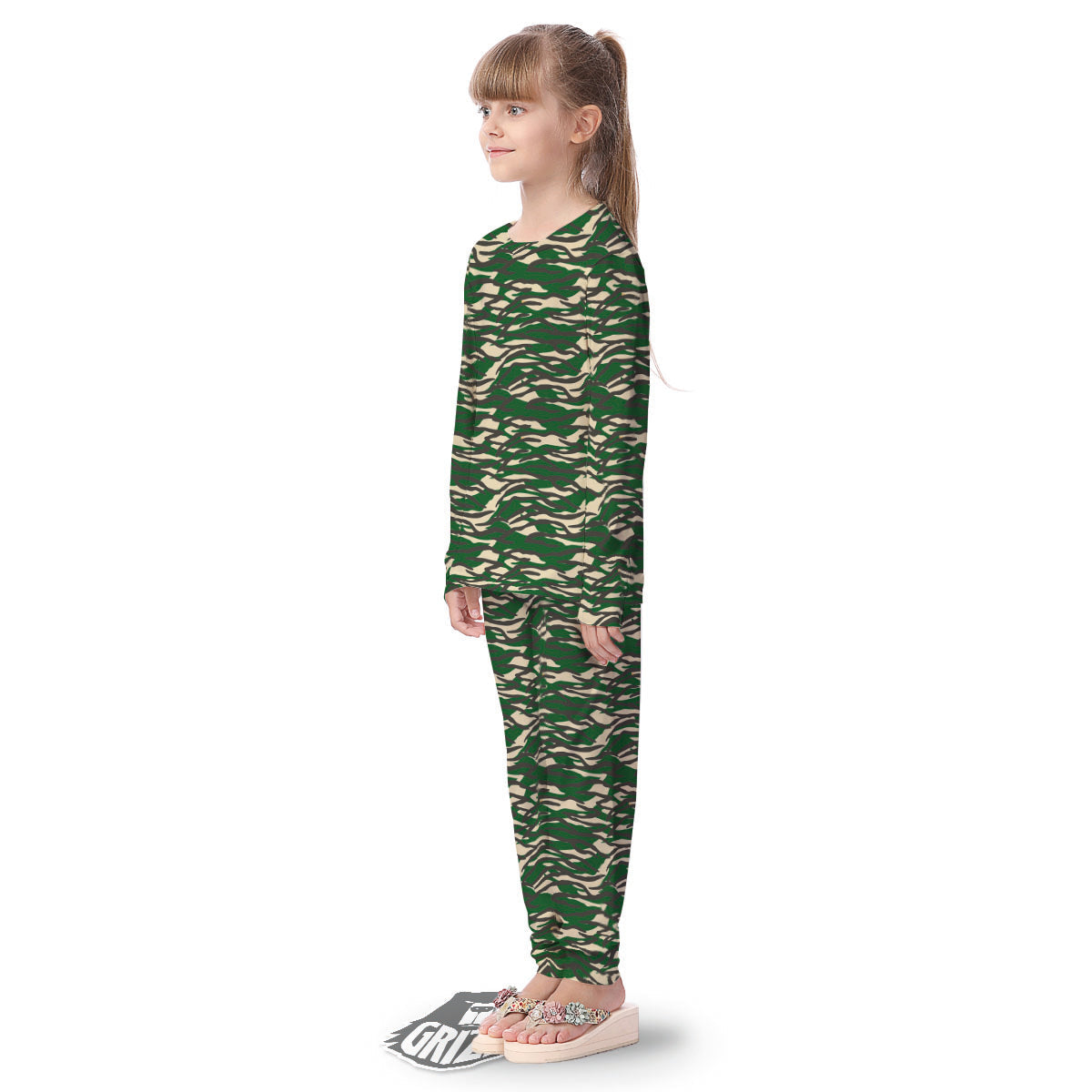 Black And Green Tiger Stripe Camo Print Kid's Pajamas-grizzshop