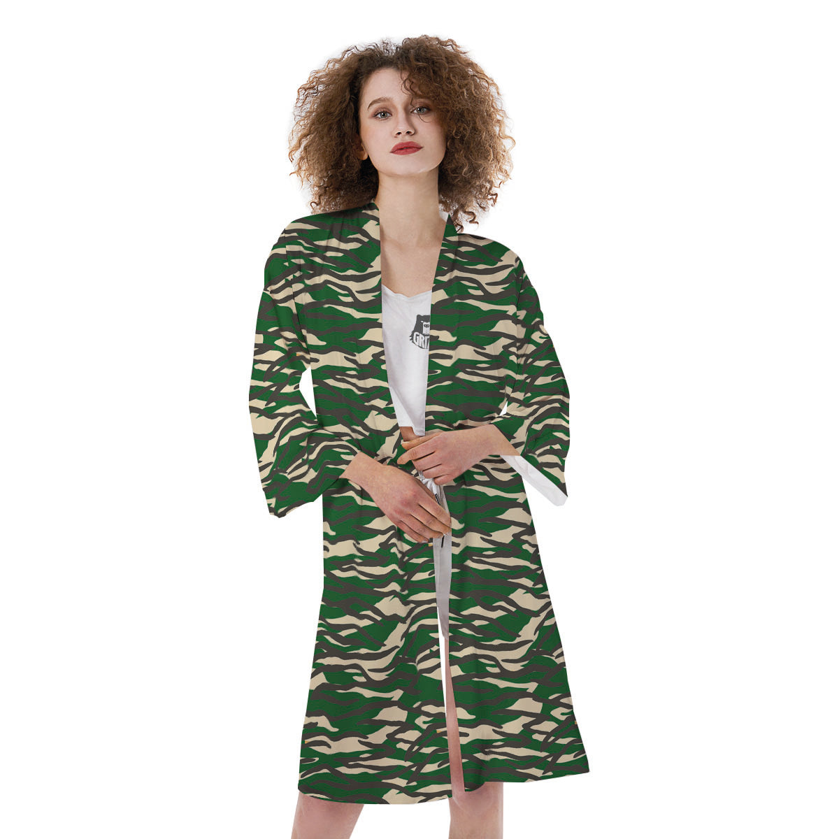 Black And Green Tiger Stripe Camo Print Kimono-grizzshop