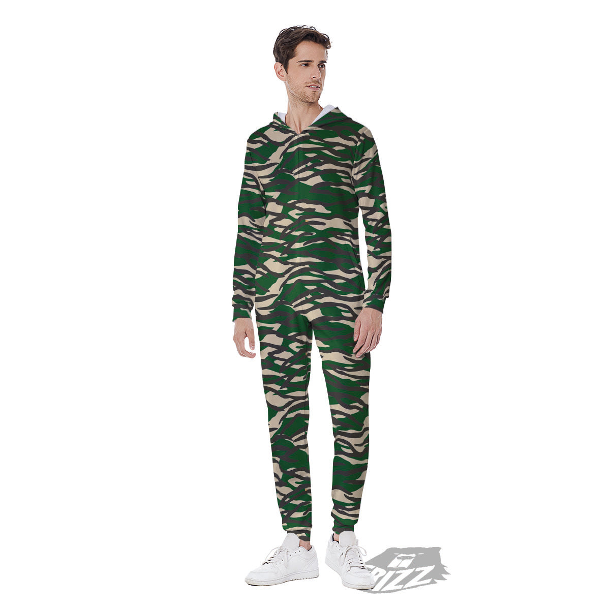 Black And Green Tiger Stripe Camo Print Men's Jumpsuit-grizzshop
