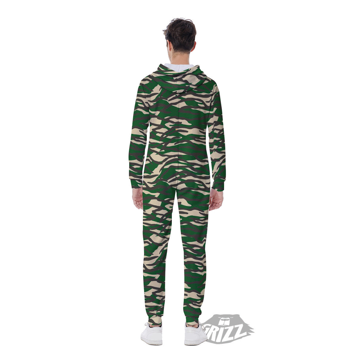 Black And Green Tiger Stripe Camo Print Men's Jumpsuit-grizzshop