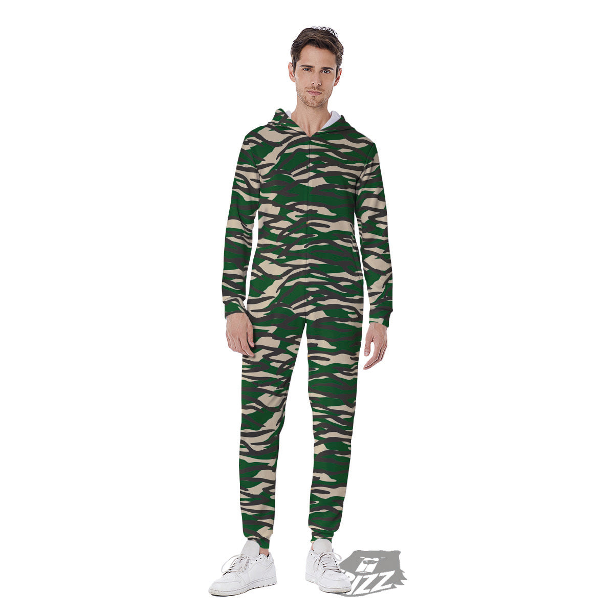 Black And Green Tiger Stripe Camo Print Men's Jumpsuit-grizzshop