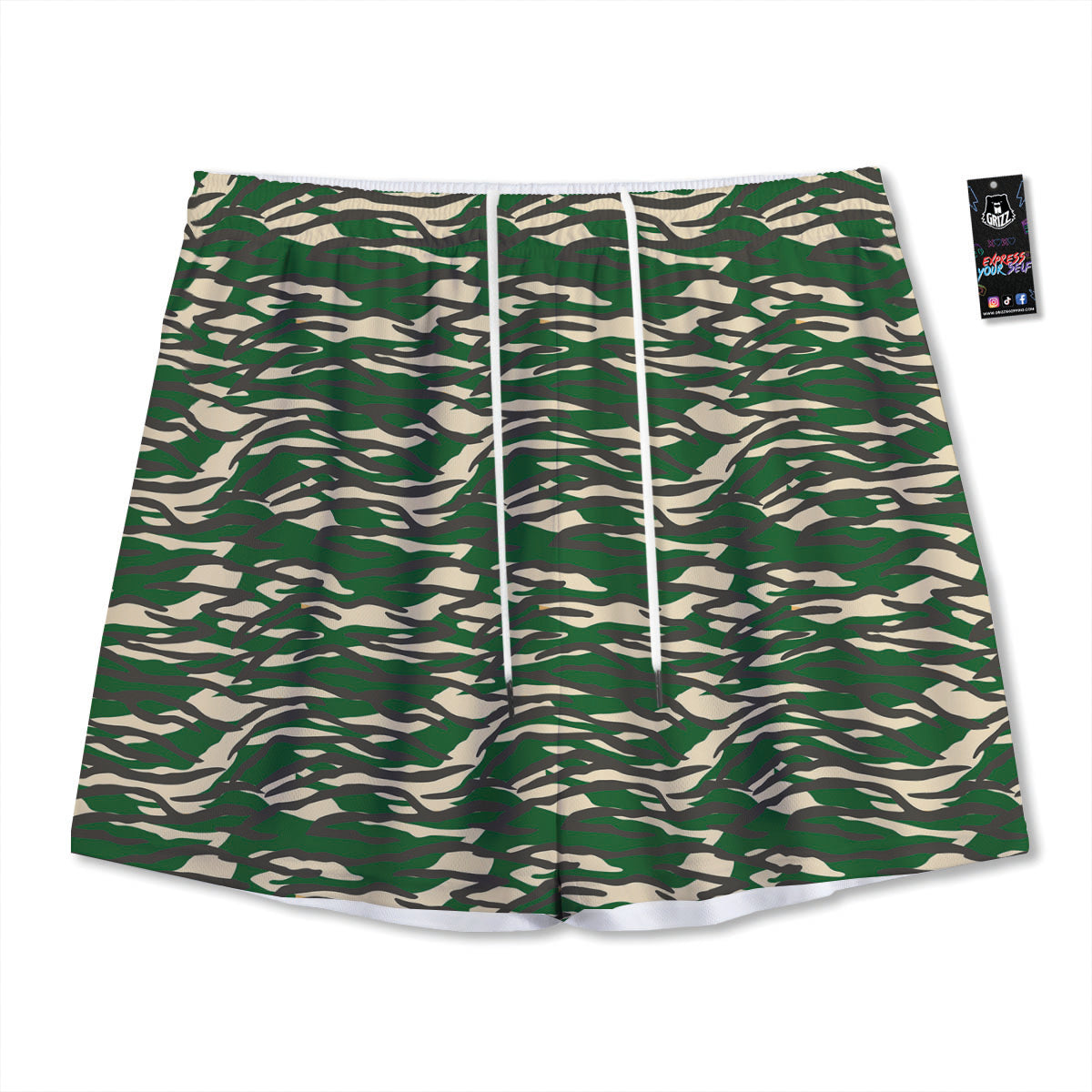 Black And Green Tiger Stripe Camo Print Mesh Shorts