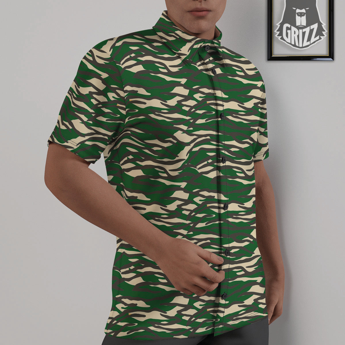 Black And Green Tiger Stripe Camo Print Untucked Shirts-grizzshop