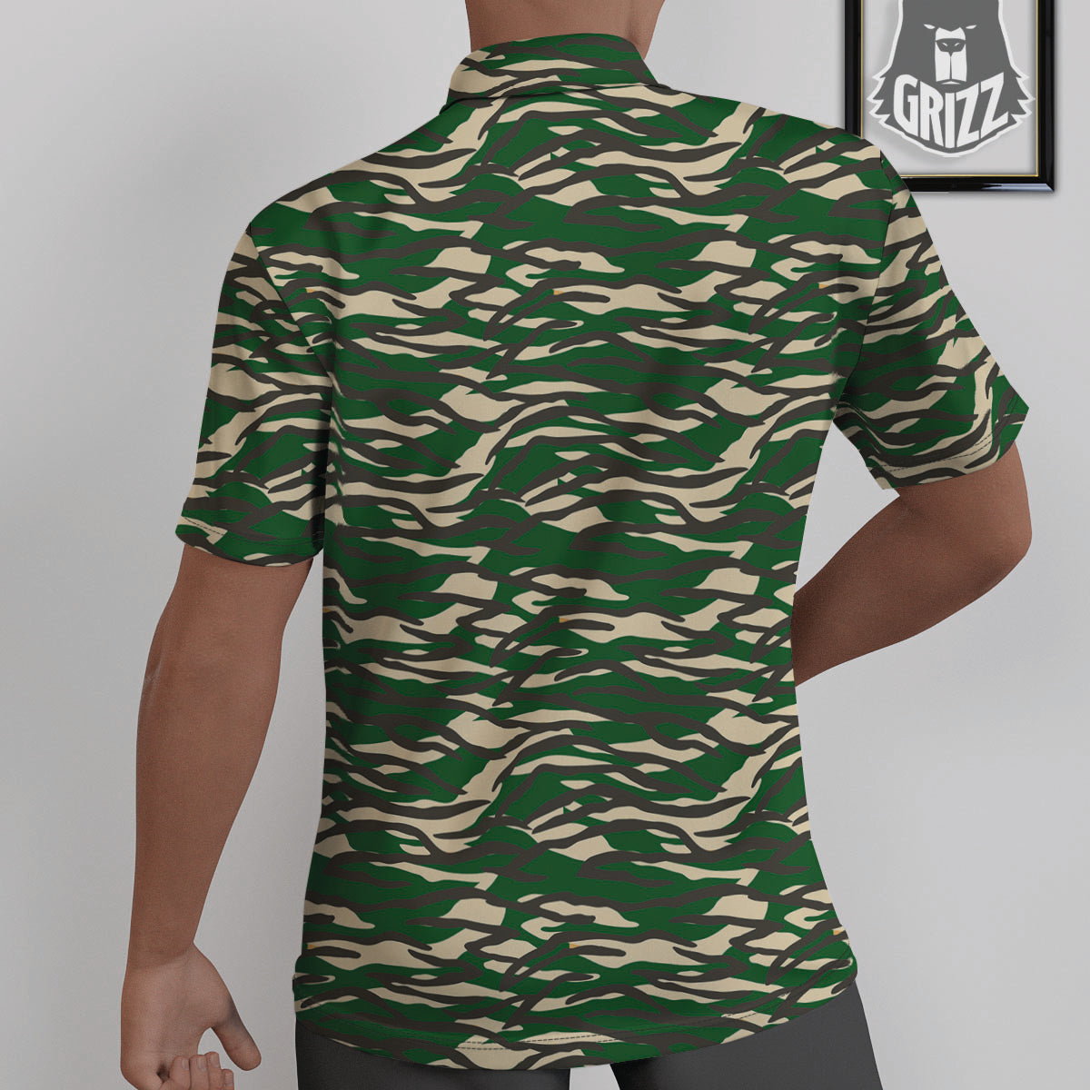 Black And Green Tiger Stripe Camo Print Untucked Shirts-grizzshop