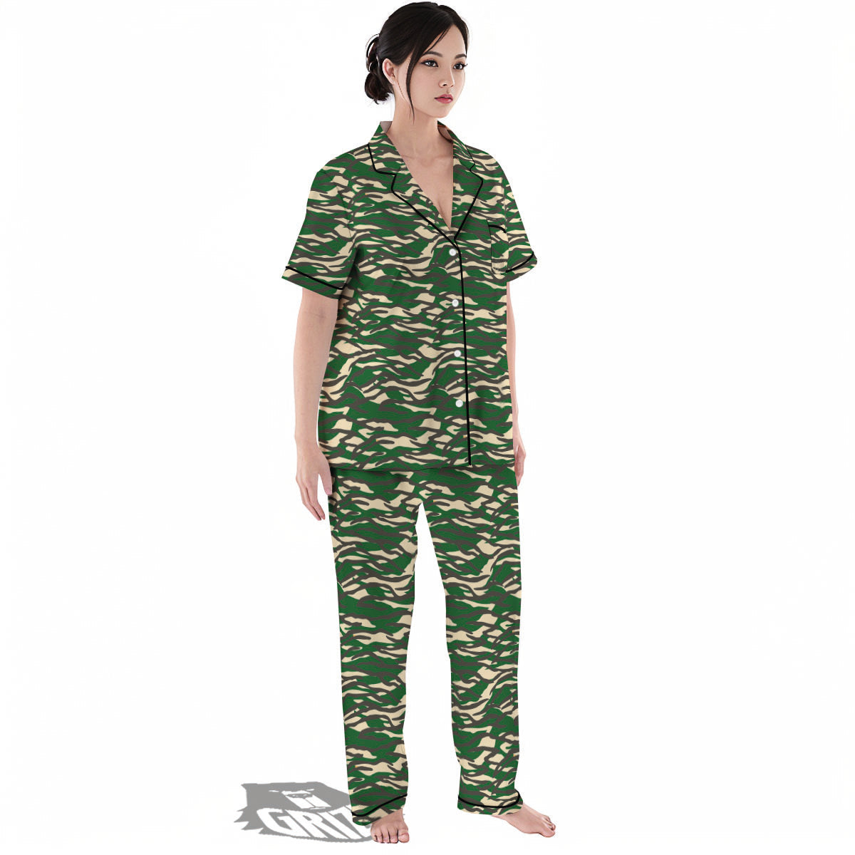 Black And Green Tiger Stripe Camo Print Women's Pajamas Set-grizzshop