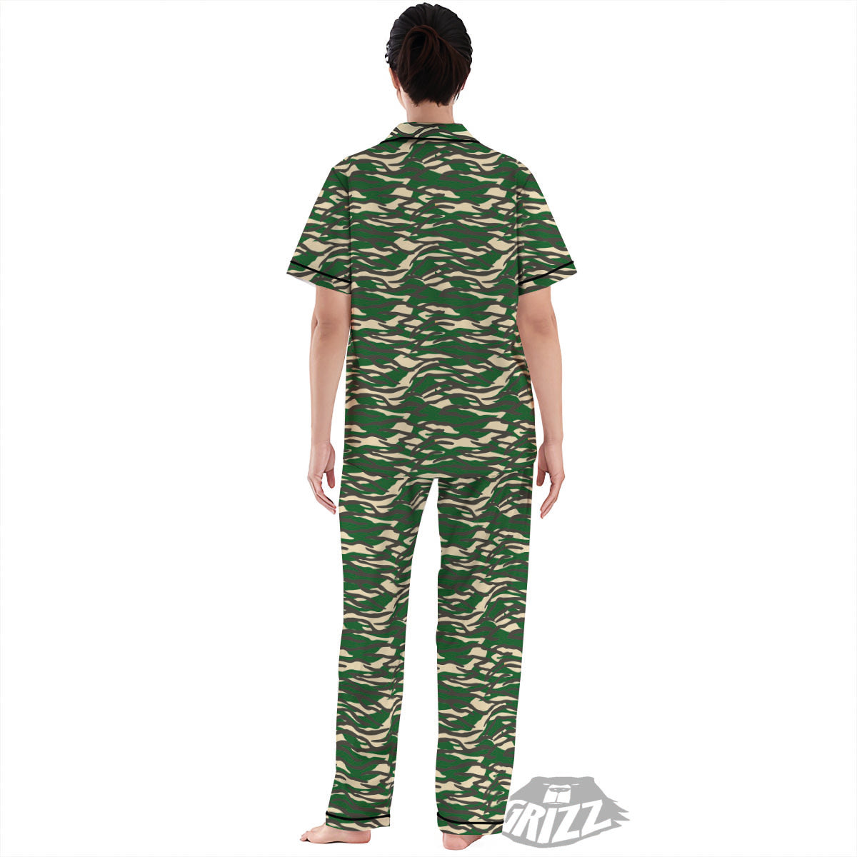 Black And Green Tiger Stripe Camo Print Women's Pajamas Set-grizzshop