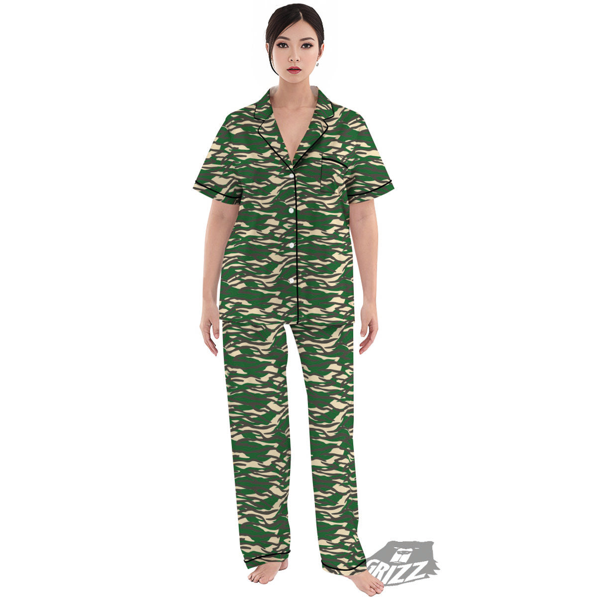 Black And Green Tiger Stripe Camo Print Women's Pajamas Set-grizzshop