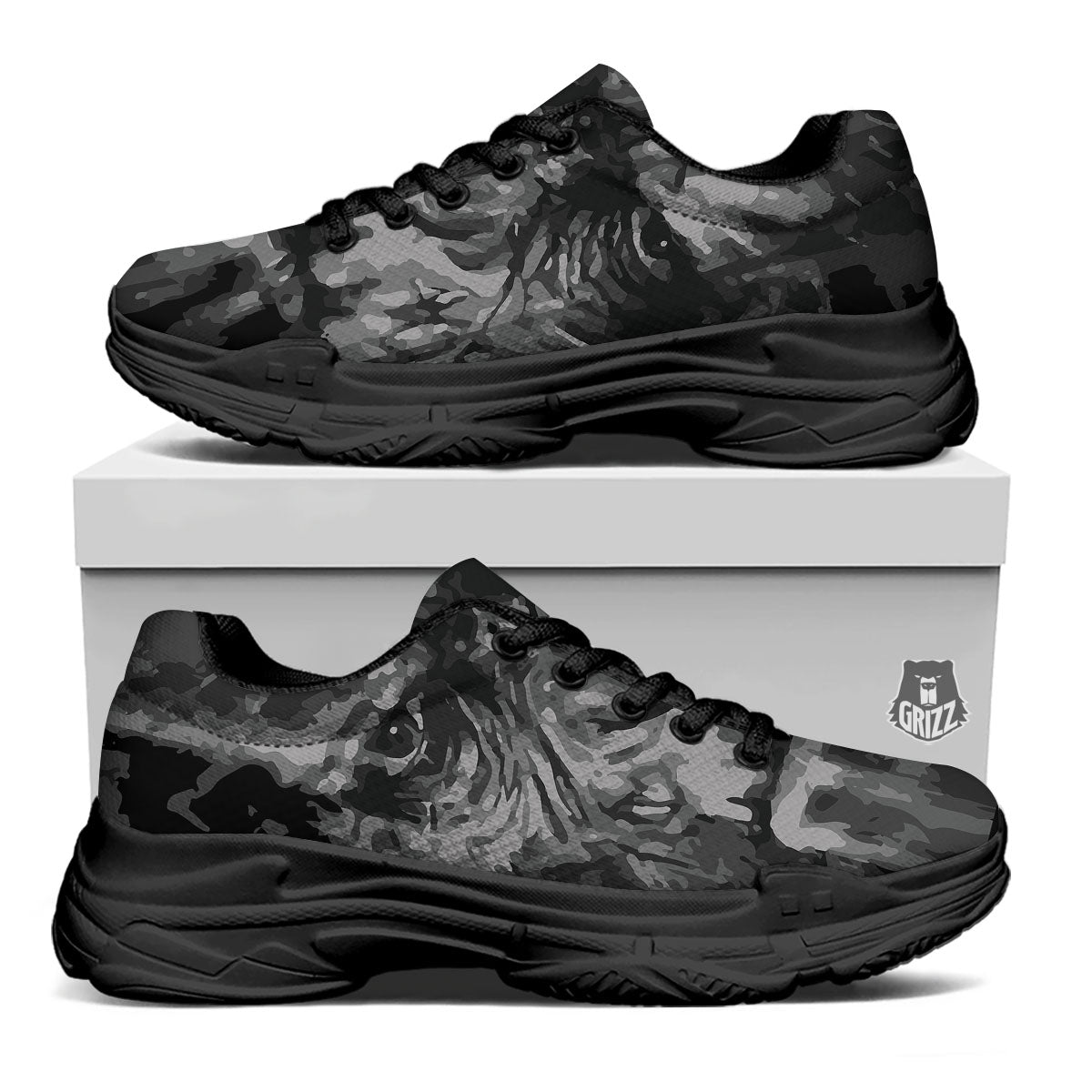 Black And Grey Face Chimpanzee Print Black Chunky Shoes-grizzshop