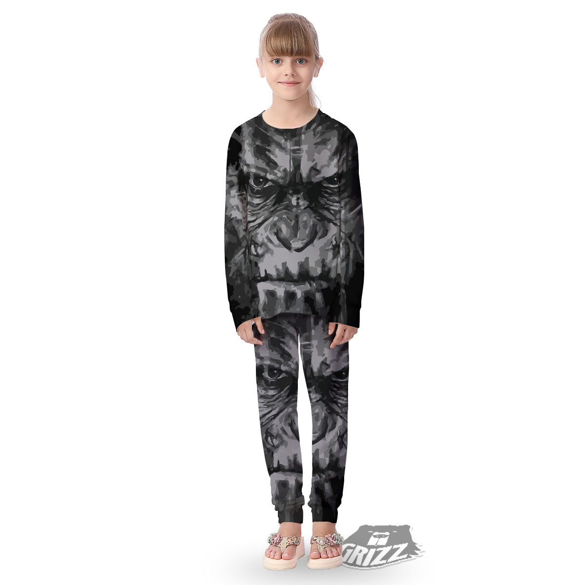 Black And Grey Face Chimpanzee Print Kid's Pajamas-grizzshop