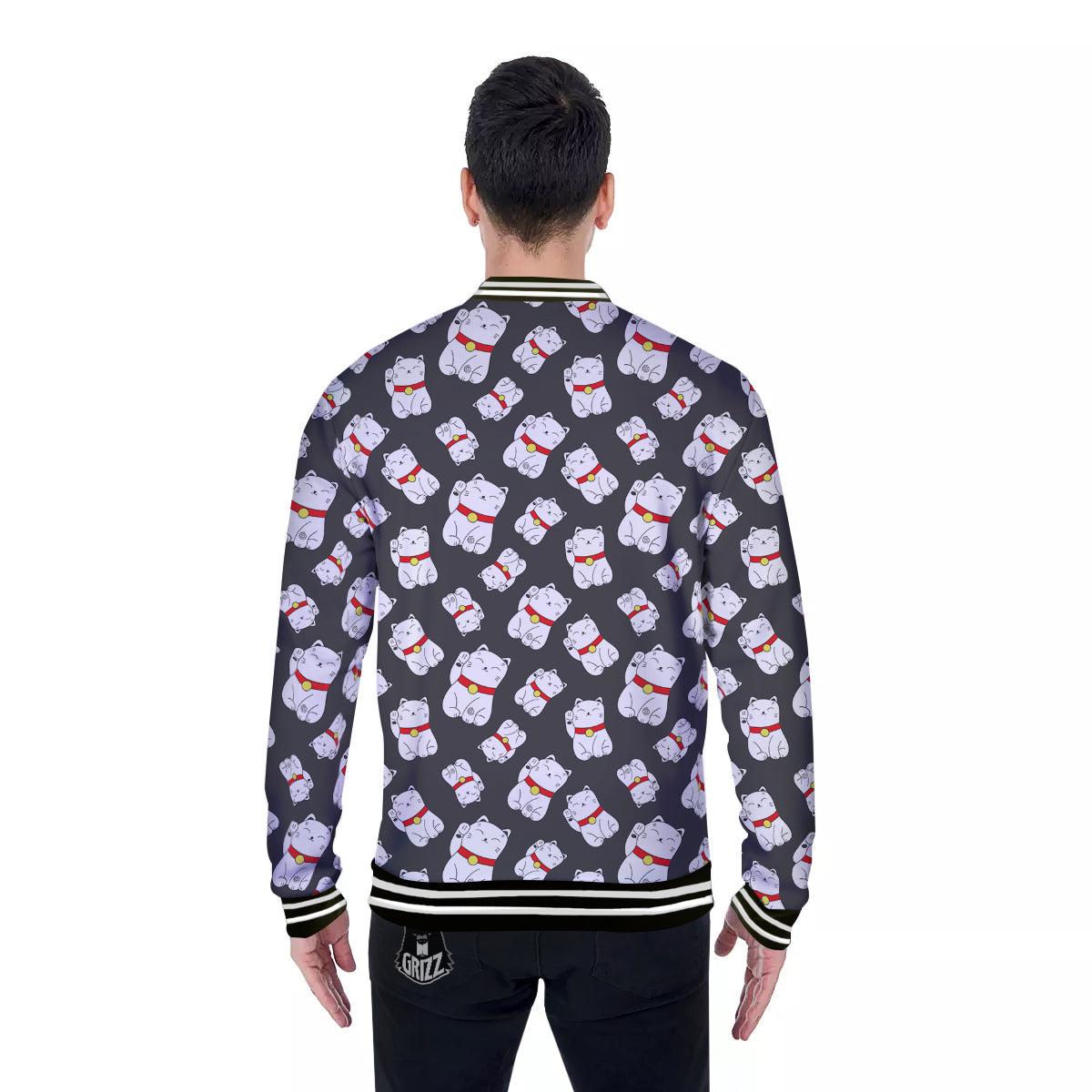 Black And Lucky Cat Print Pattern Baseball Jacket-grizzshop