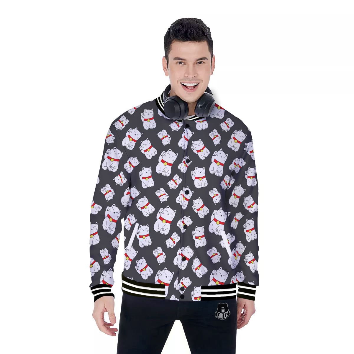 Black And Lucky Cat Print Pattern Baseball Jacket-grizzshop