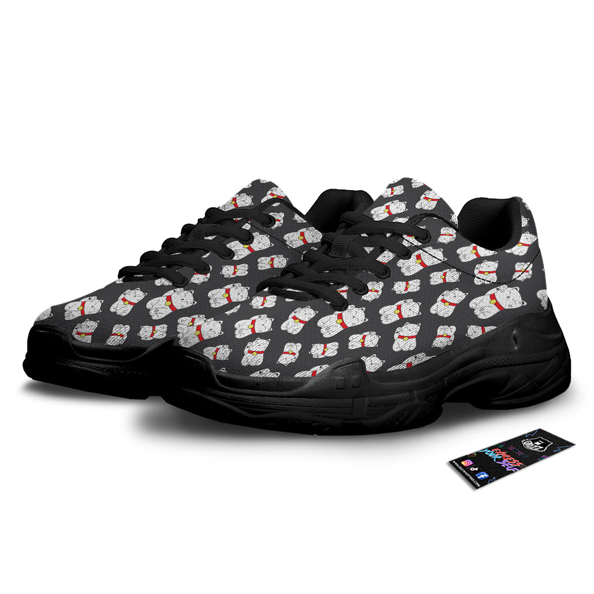 Black And Lucky Cat Print Pattern Black Chunky Shoes-grizzshop