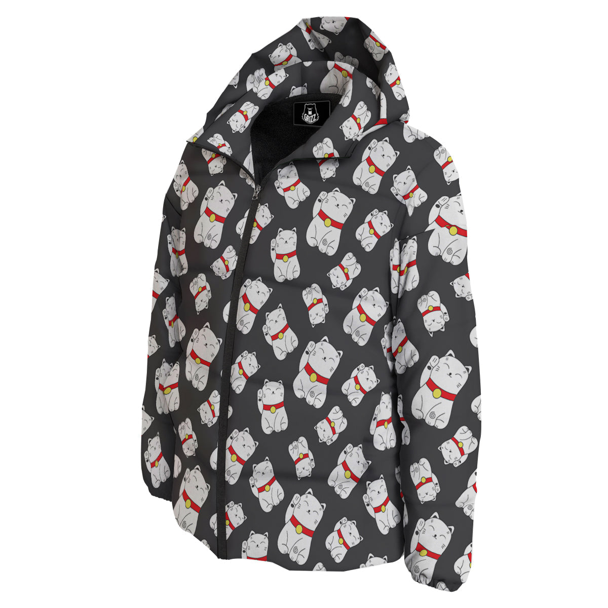 Black And Lucky Cat Print Pattern Down Jacket-grizzshop
