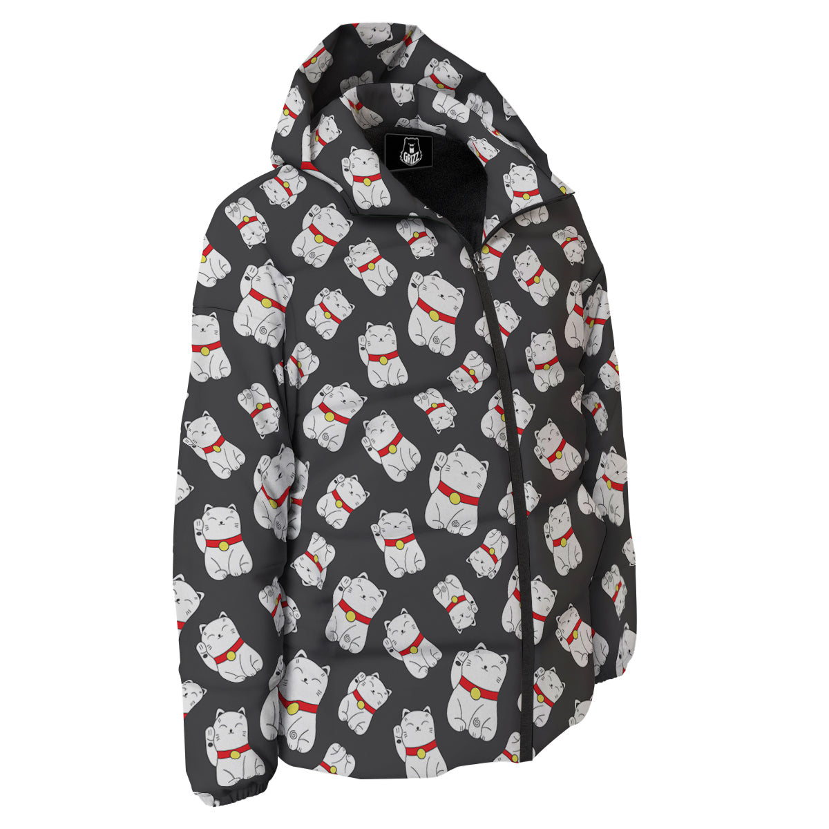 Black And Lucky Cat Print Pattern Down Jacket-grizzshop
