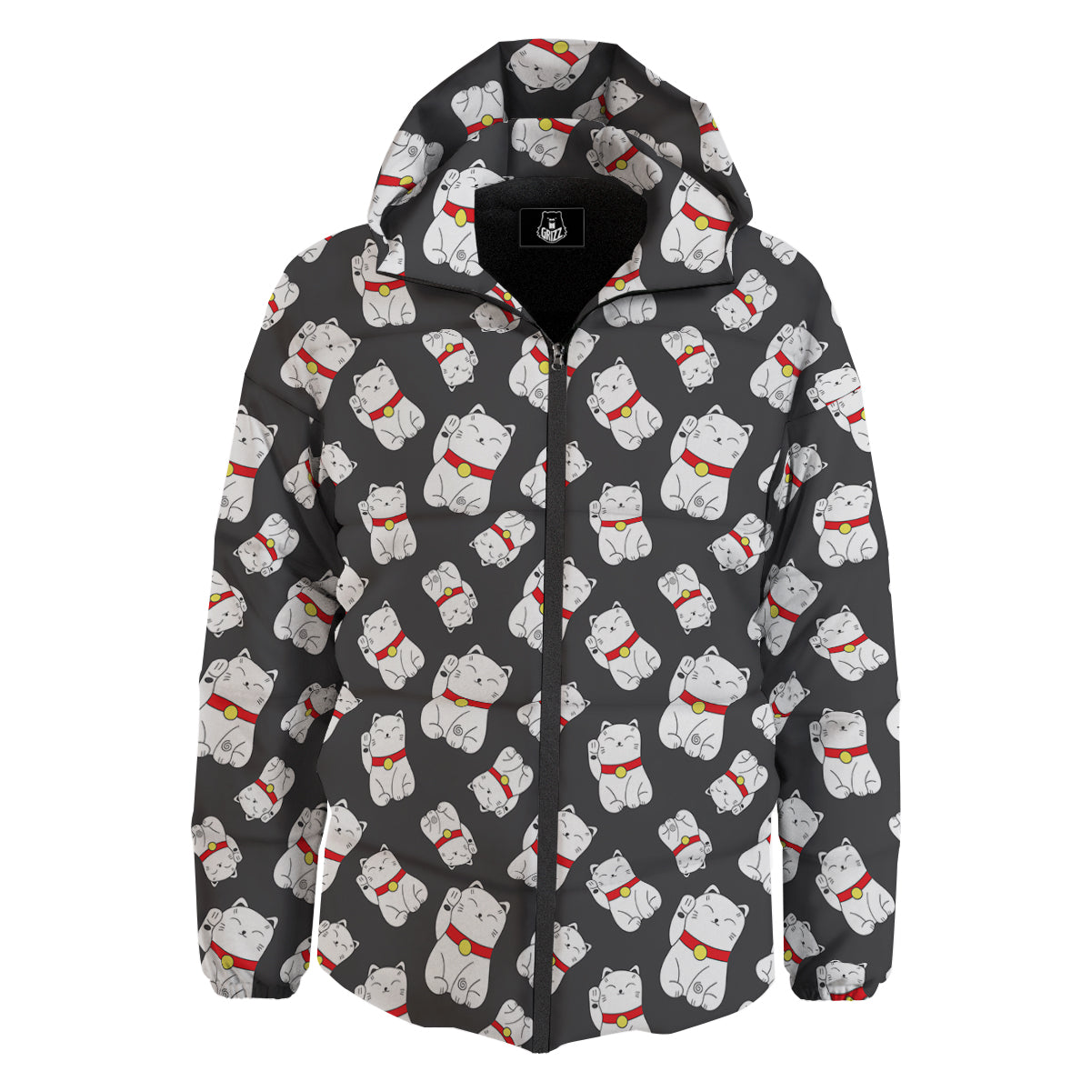 Black And Lucky Cat Print Pattern Down Jacket-grizzshop