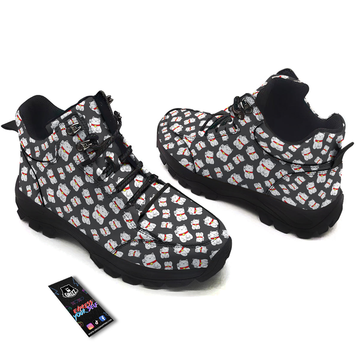 Black And Lucky Cat Print Pattern Hiking Shoes-grizzshop