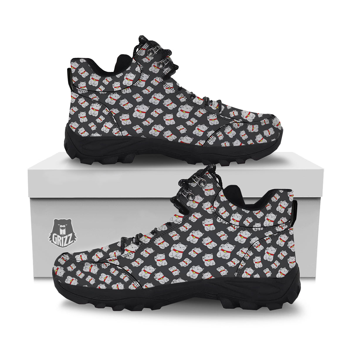 Black And Lucky Cat Print Pattern Hiking Shoes-grizzshop