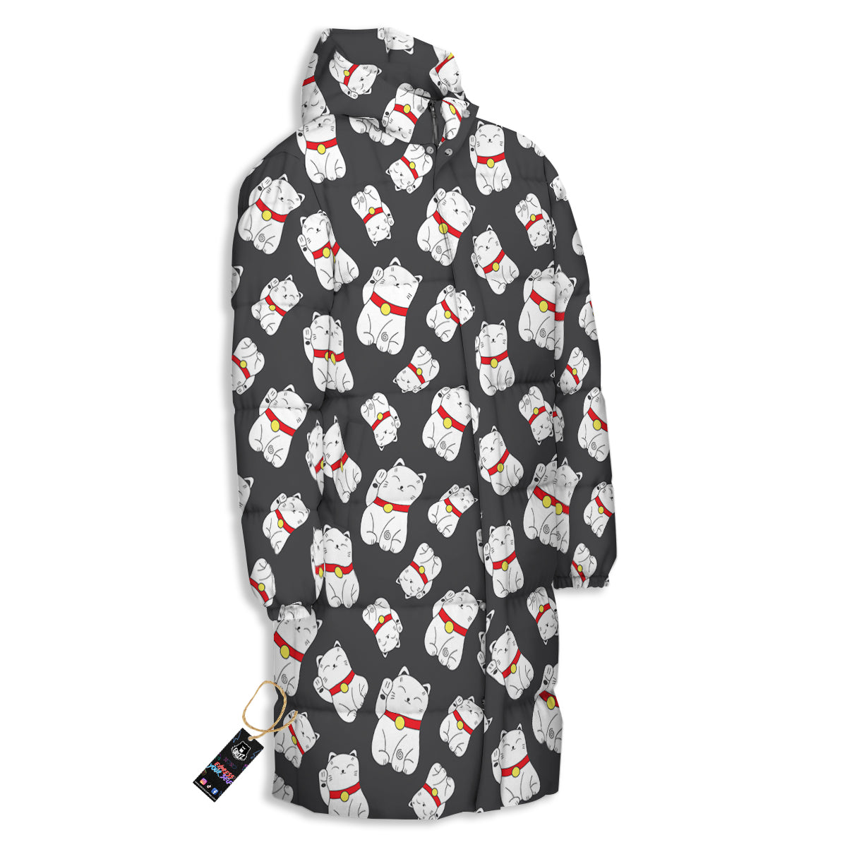 Black And Lucky Cat Print Pattern Long Down Jacket-grizzshop