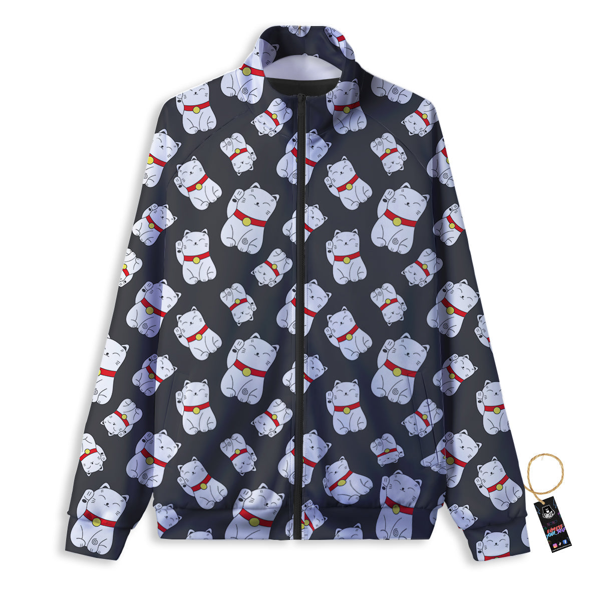 Black And Lucky Cat Print Pattern Track Jacket-grizzshop