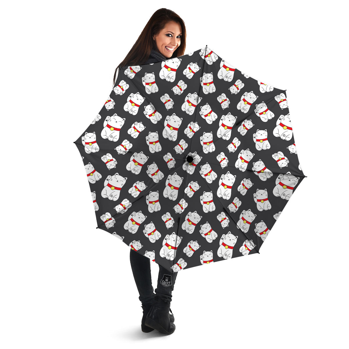Black And Lucky Cat Print Pattern Umbrella-grizzshop