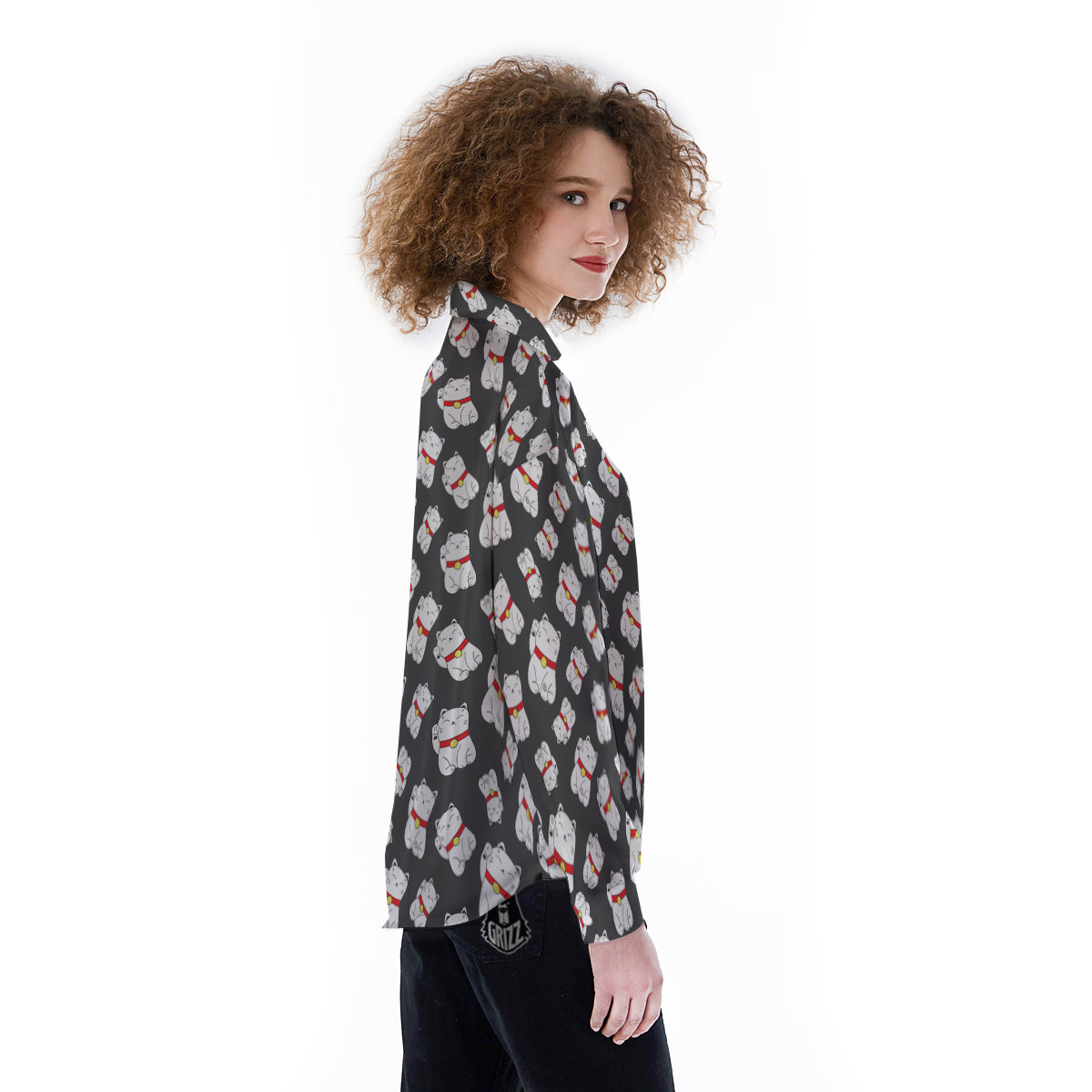 Black And Lucky Cat Print Pattern Women's Long Sleeve Shirts-grizzshop