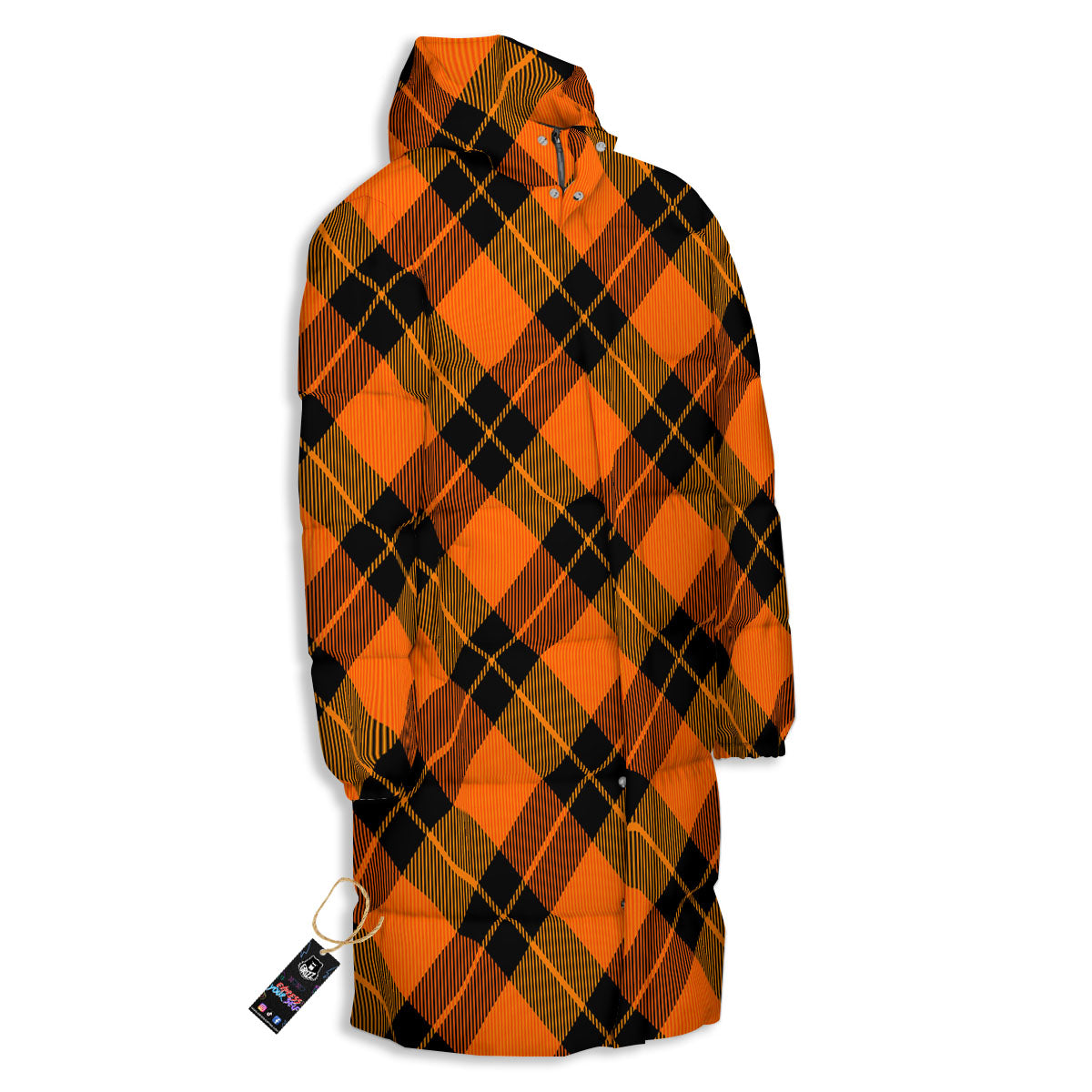 Black And Orange Plaid Print Pattern Long Down Jacket-grizzshop