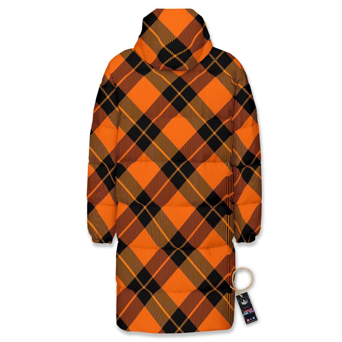 Black And Orange Plaid Print Pattern Long Down Jacket-grizzshop