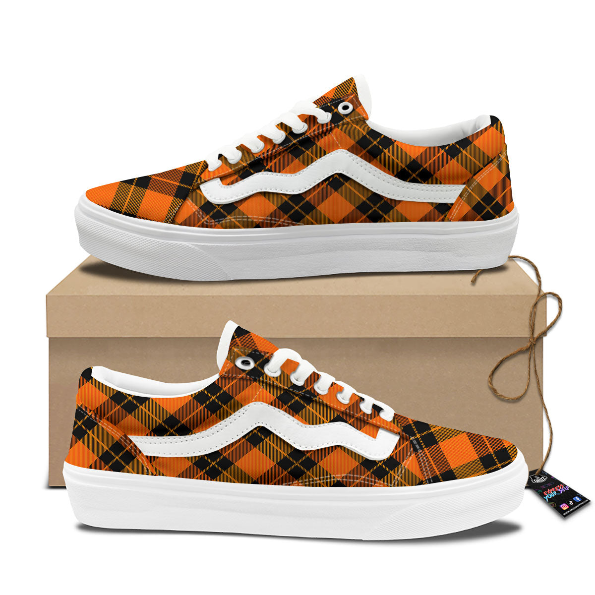 Black And Orange Plaid Print Pattern Skate Shoes-grizzshop