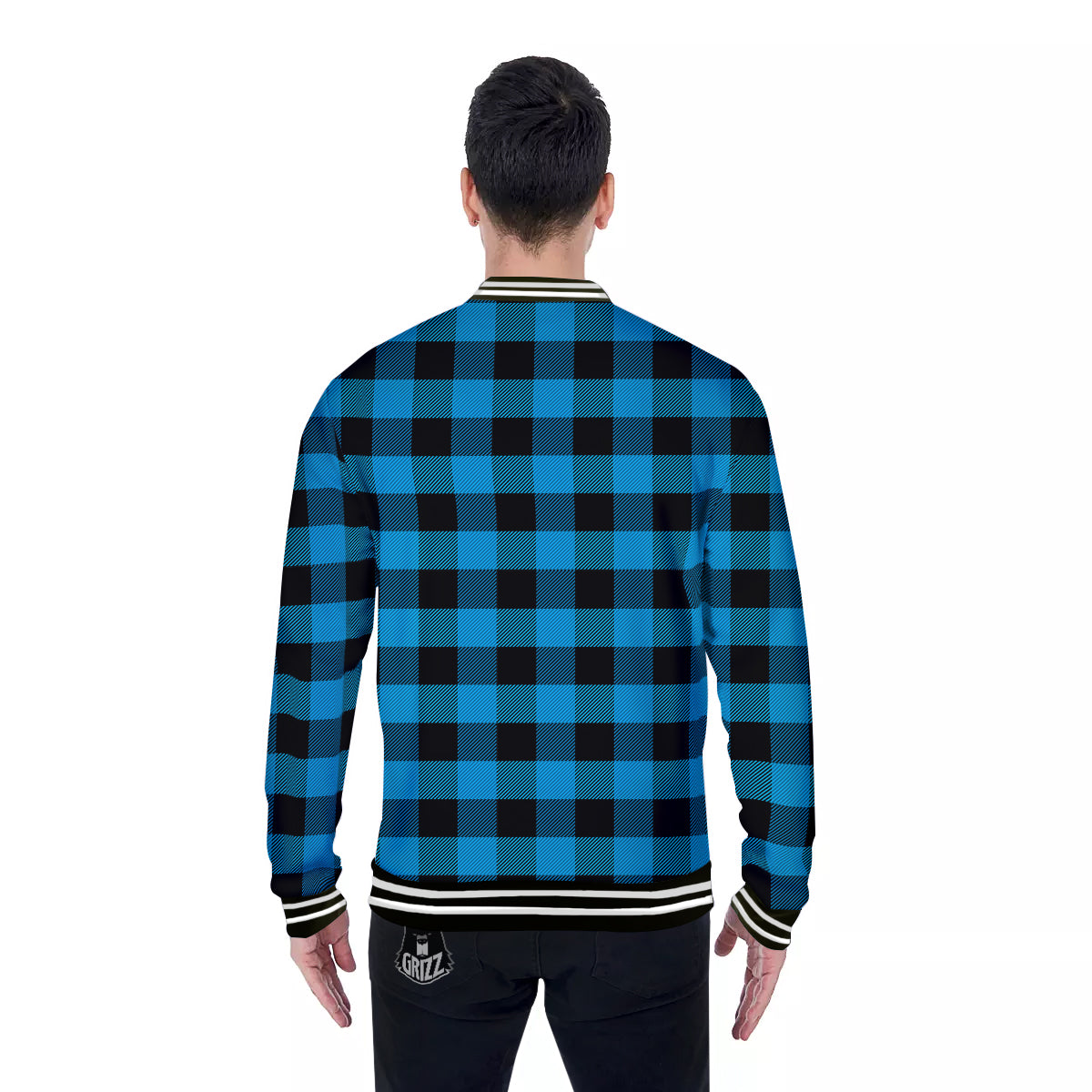Black And Turquoise Check Print Pattern Baseball Jacket-grizzshop