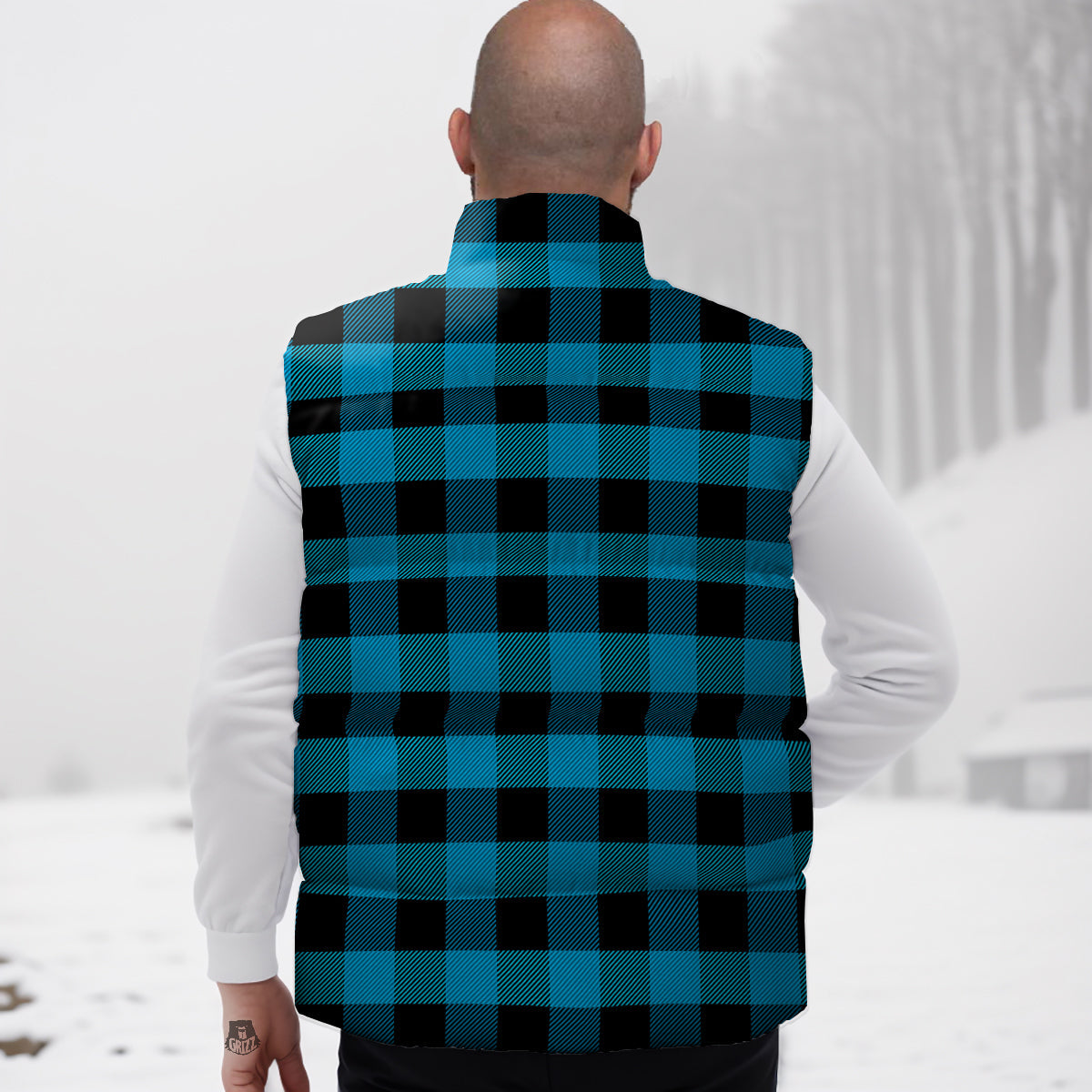 Black And Turquoise Check Print Pattern Down Vest