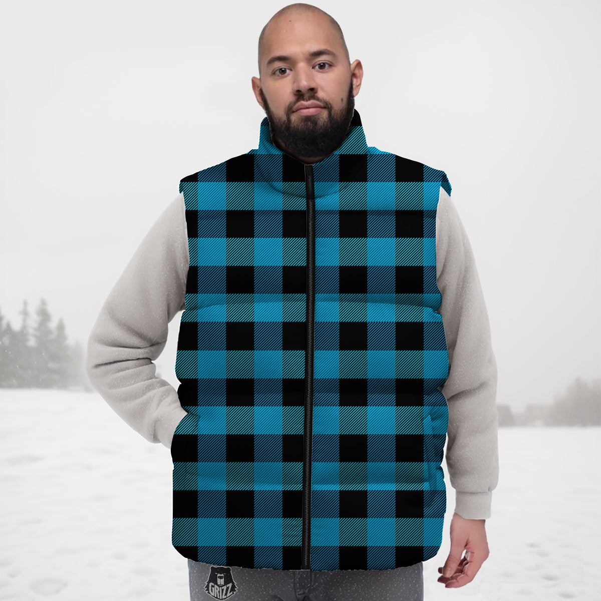 Black And Turquoise Check Print Pattern Down Vest