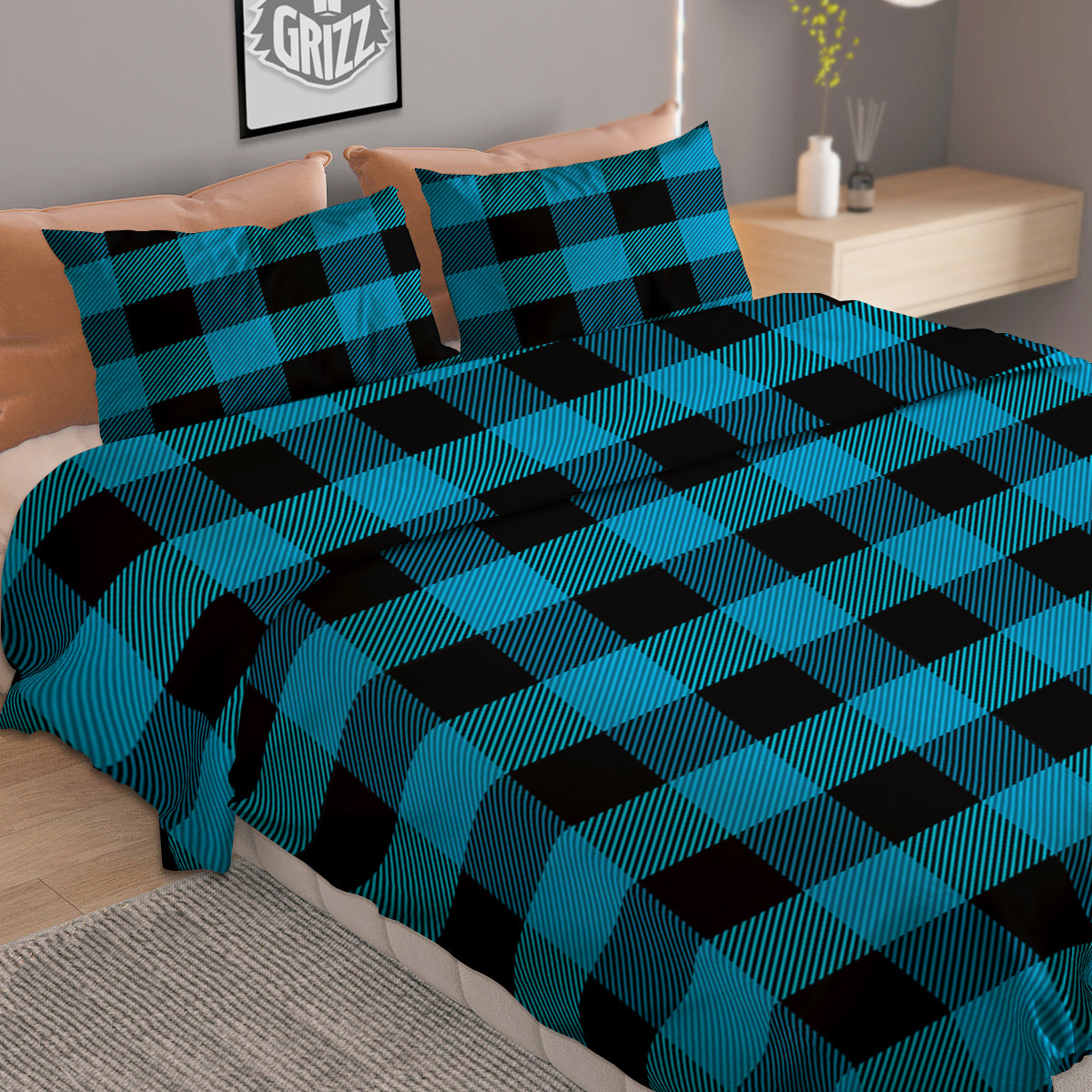 Black And Turquoise Check Print Pattern Duvet Cover Bedding Set