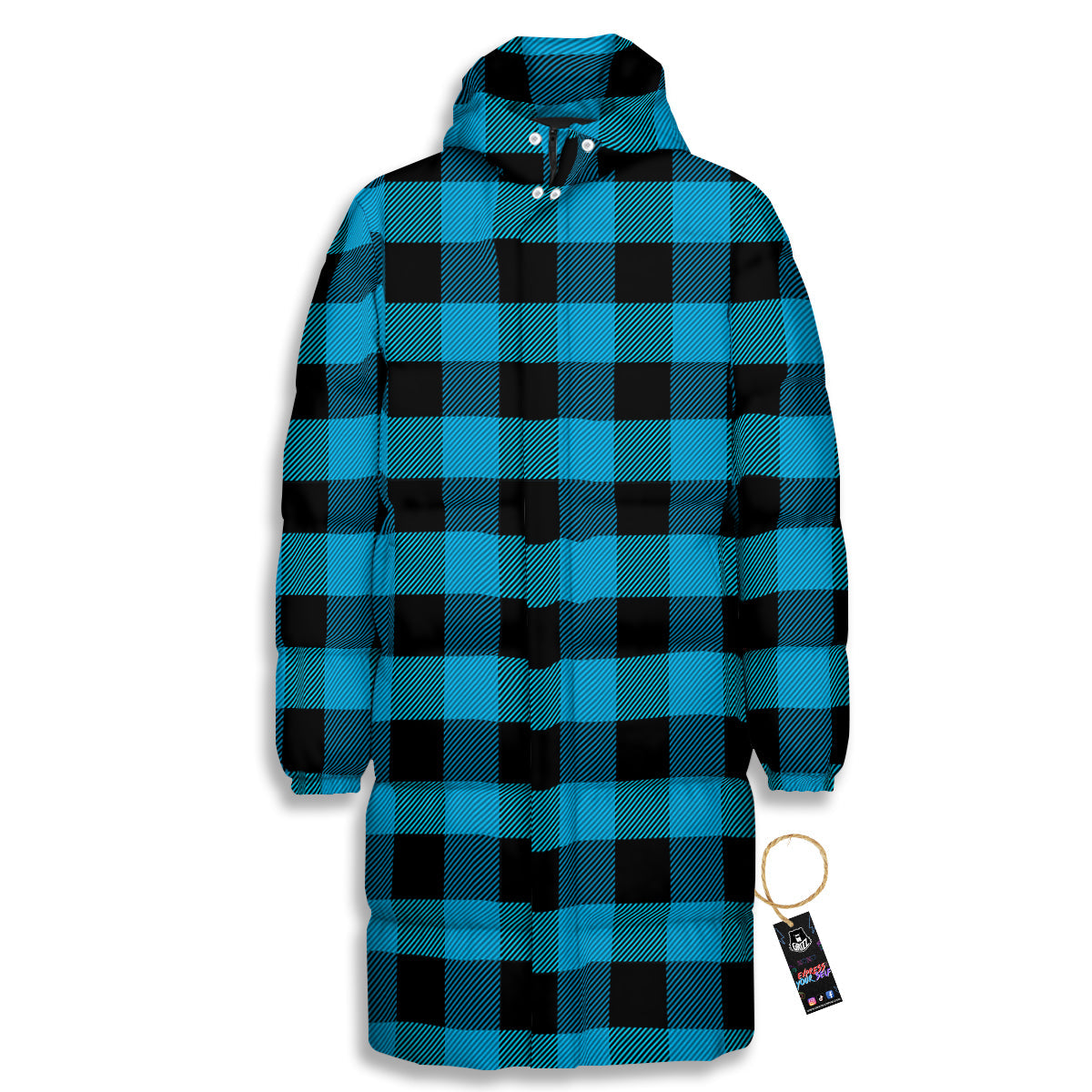 Black And Turquoise Check Print Pattern Long Down Jacket-grizzshop