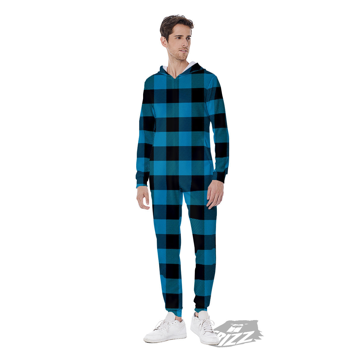Black And Turquoise Check Print Pattern Men's Jumpsuit-grizzshop