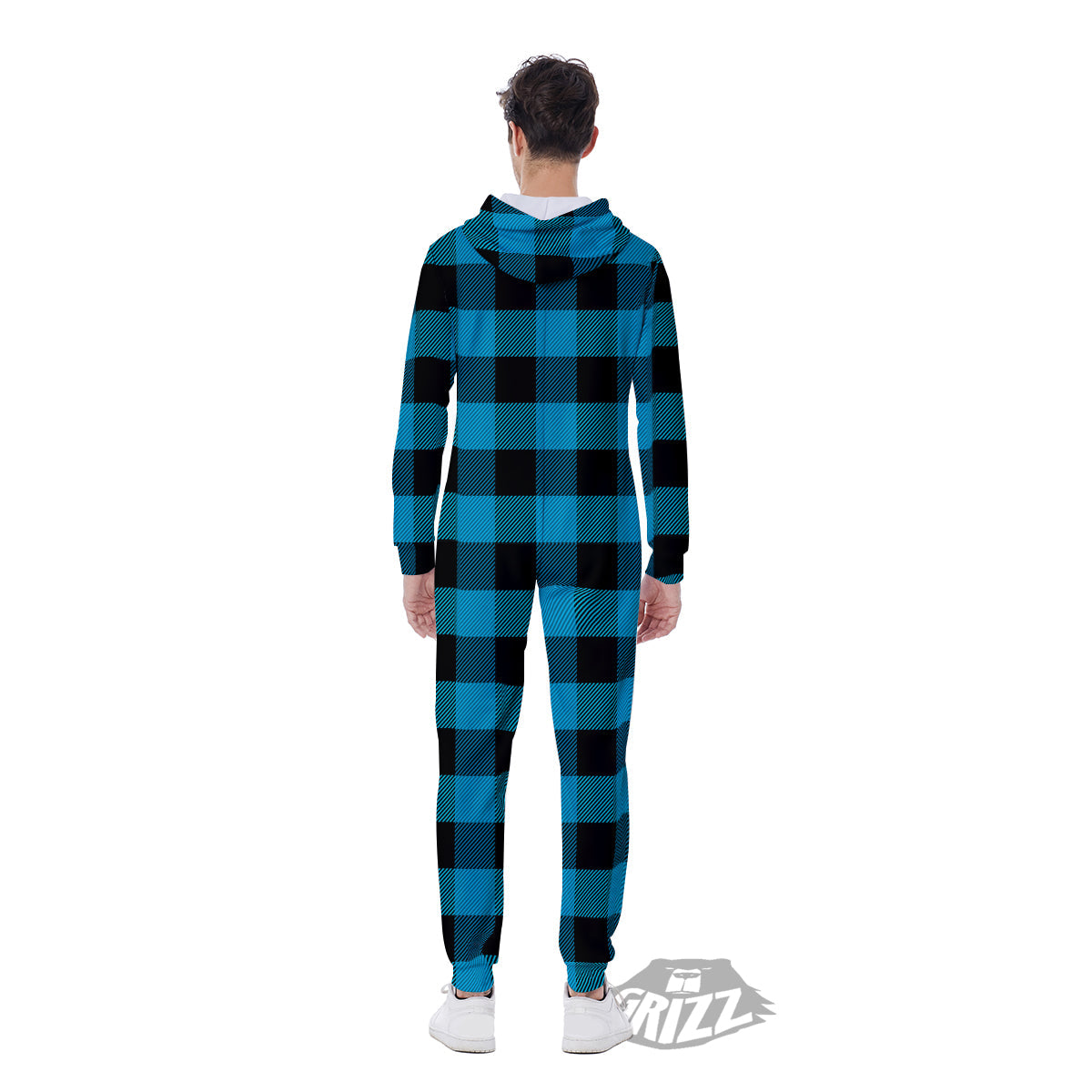 Black And Turquoise Check Print Pattern Men's Jumpsuit-grizzshop