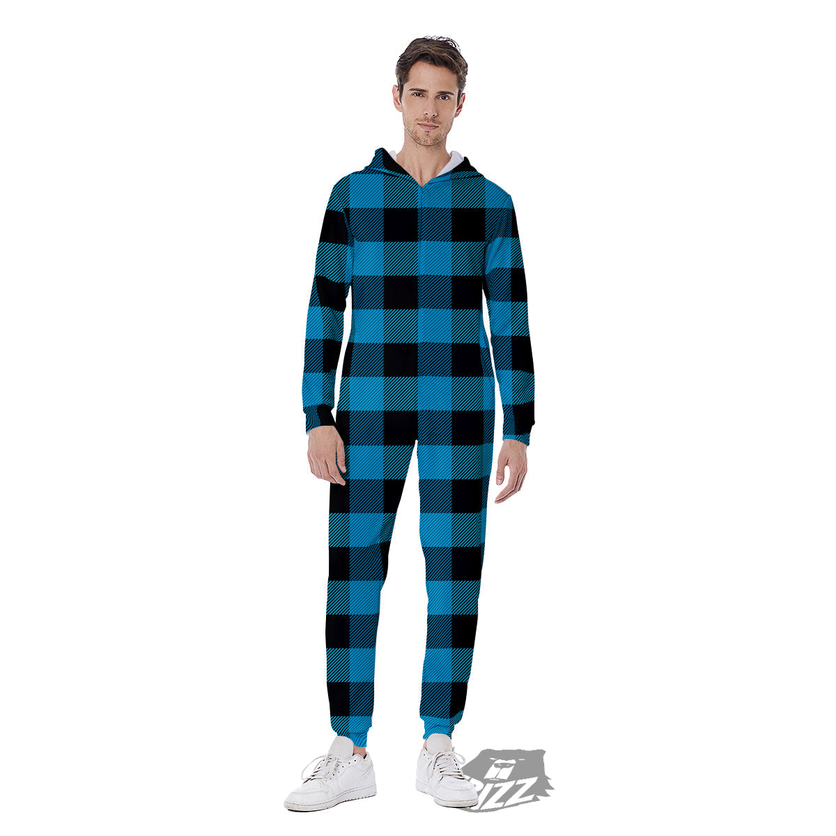 Black And Turquoise Check Print Pattern Men's Jumpsuit-grizzshop