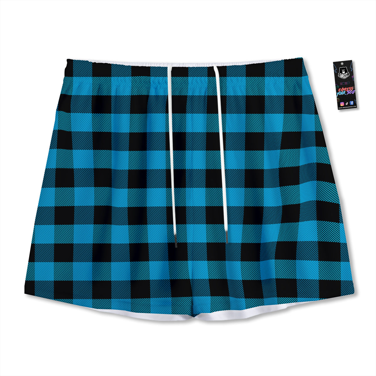 Black And Turquoise Check Print Pattern Mesh Shorts