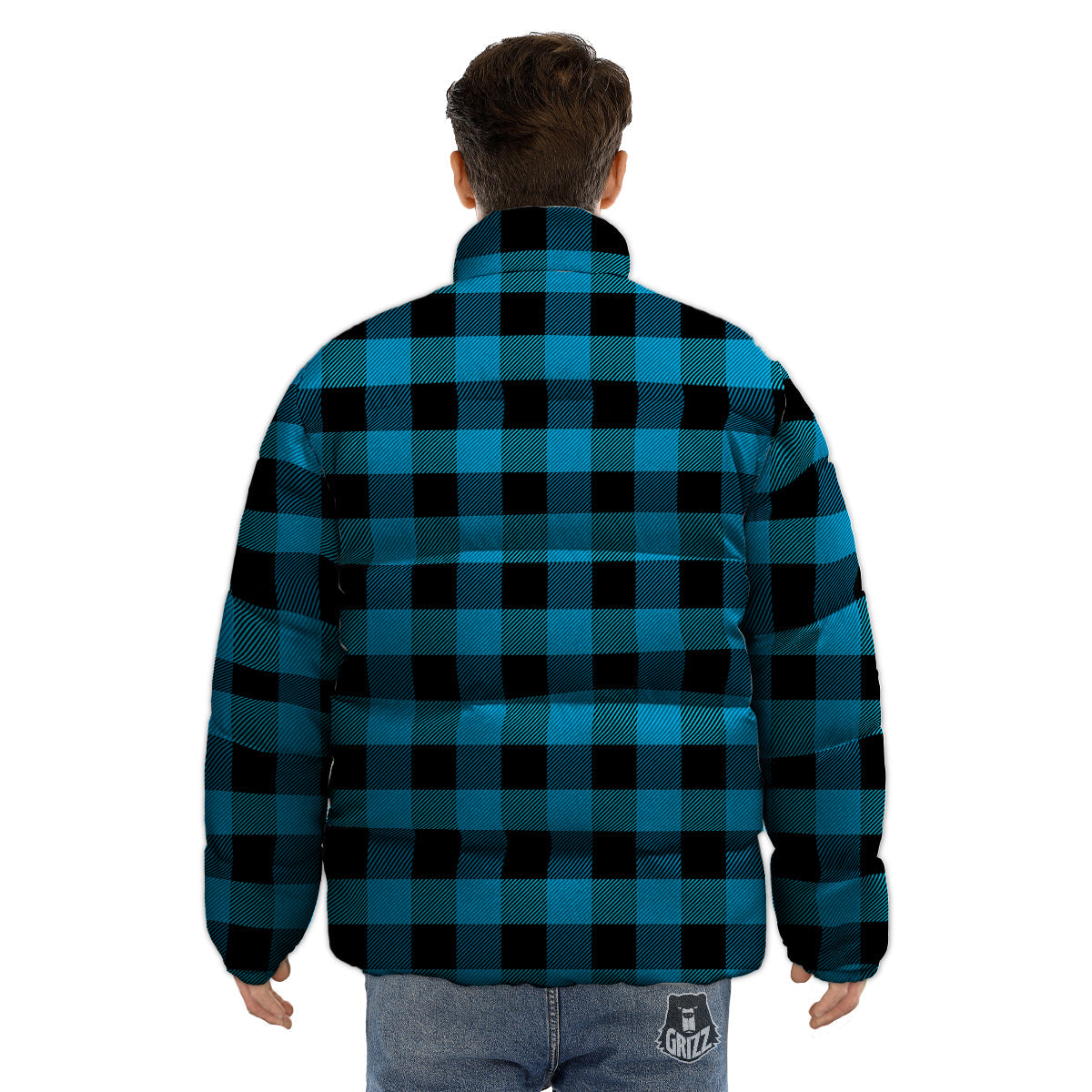 Black And Turquoise Check Print Pattern Puffer Jacket-grizzshop