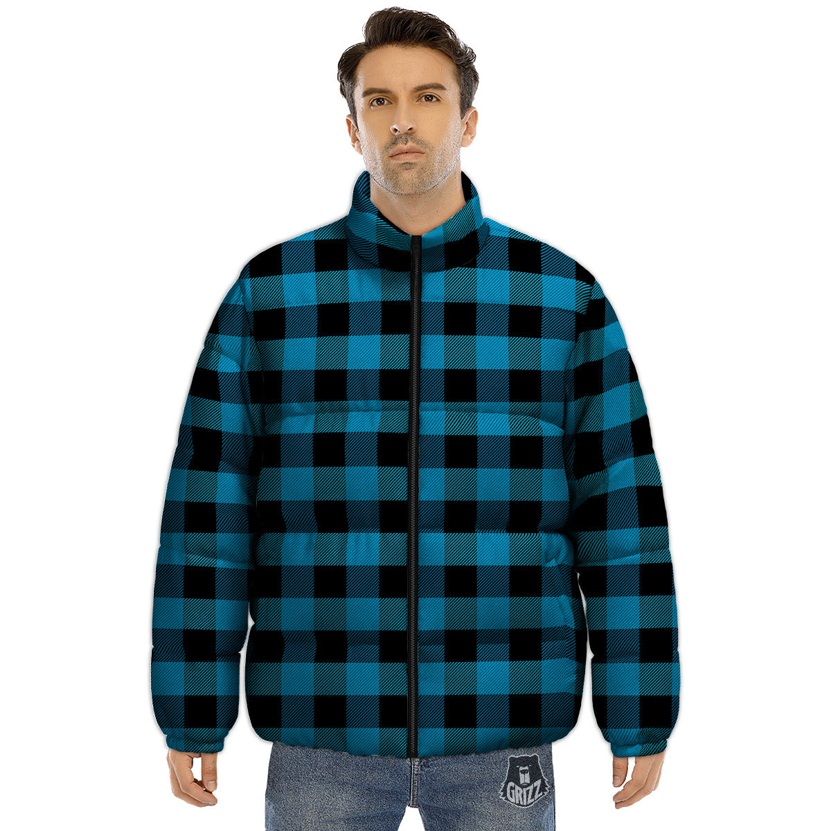 Black And Turquoise Check Print Pattern Puffer Jacket-grizzshop