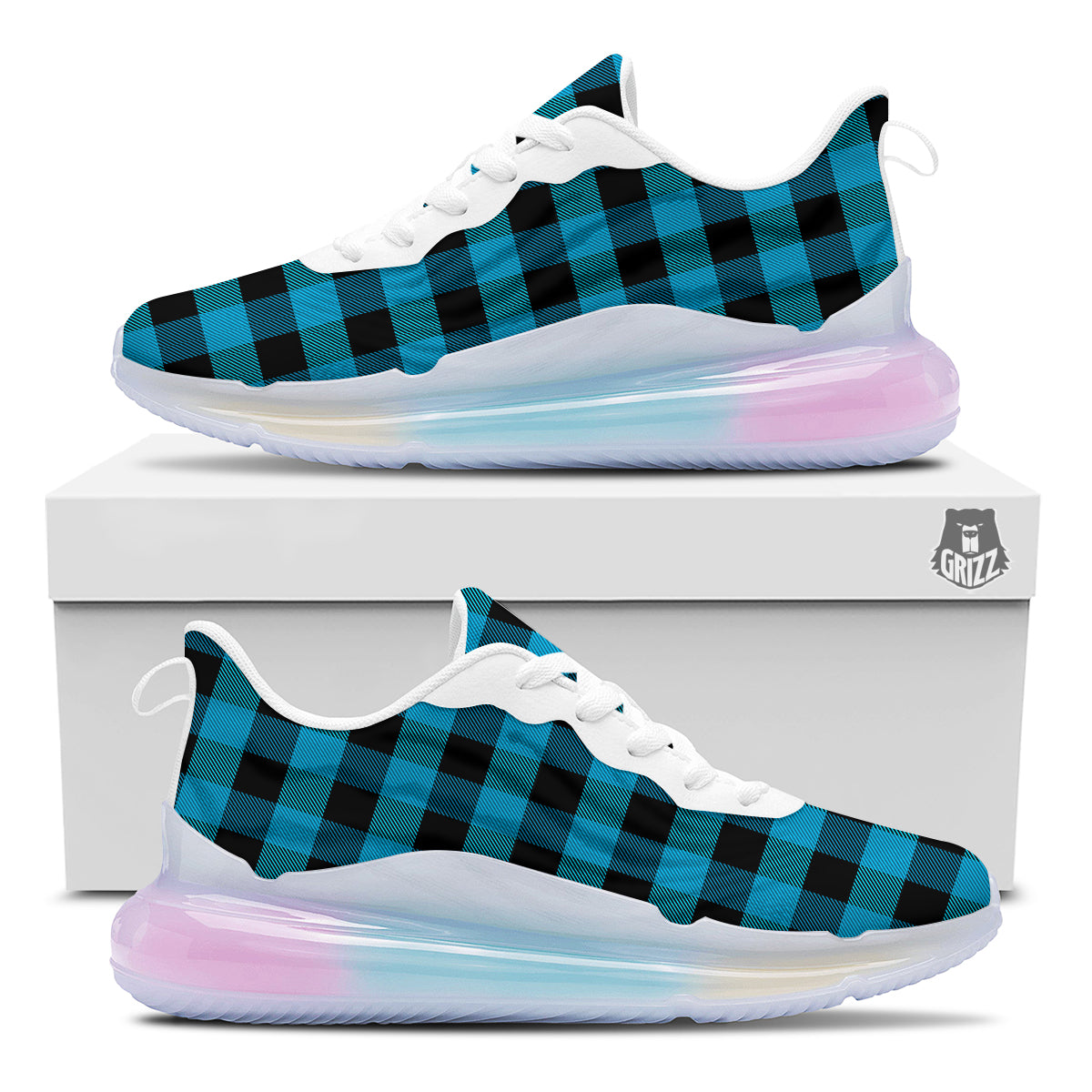 Black And Turquoise Check Print Pattern Running Sneakers-grizzshop